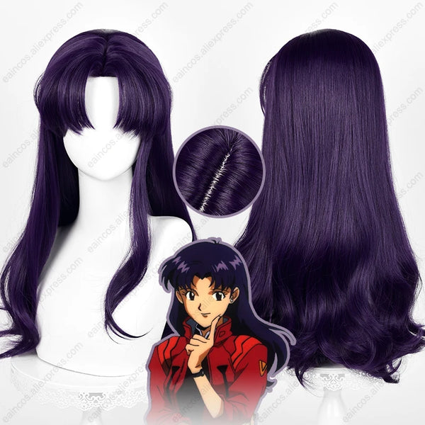 EVA Misato Katsuragi Cosplay Wig 55cm Long Black Purple Curly Wigs Heat Resistant Synthetic Hair